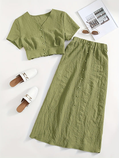 Dam Set Tvådelad Kjol och Kortärmad Crop Top Elegant Vår Sommar