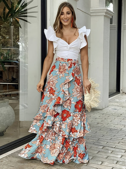 Dam Kjol Maxi Volangblommig Omlott Fest och Vardag Elegant Stil