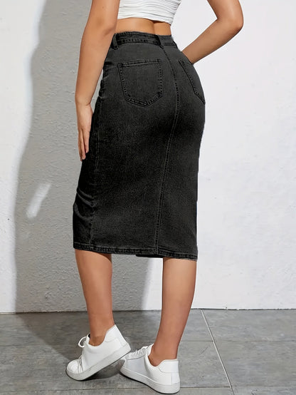 Dam Kjol Midi Slits Casual Denim Look Perfekt för Vardag och Sommar
