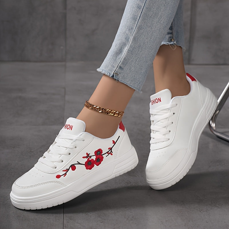 Dam Sneakers Elegant Stil Vardagsskor med Broderade Blommor och Snörning