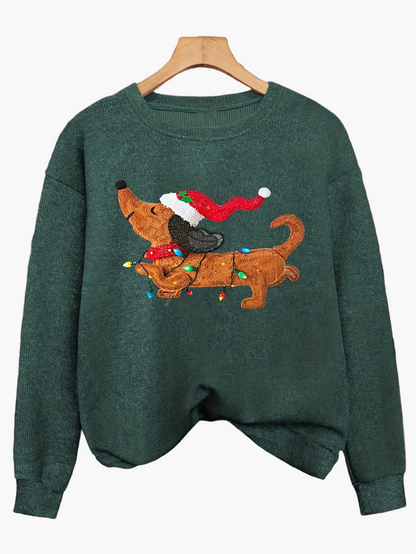 Damtröja med julmotiv och tax – julig och avslappnad stickad pullover