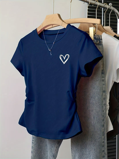 Dam T-shirt med hjärtmotiv och smickrande passform – Trendigt vardagsplagg