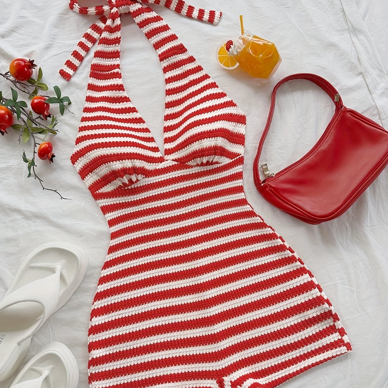 Dam Randig Halterneck Playsuit Retro Sommarstil