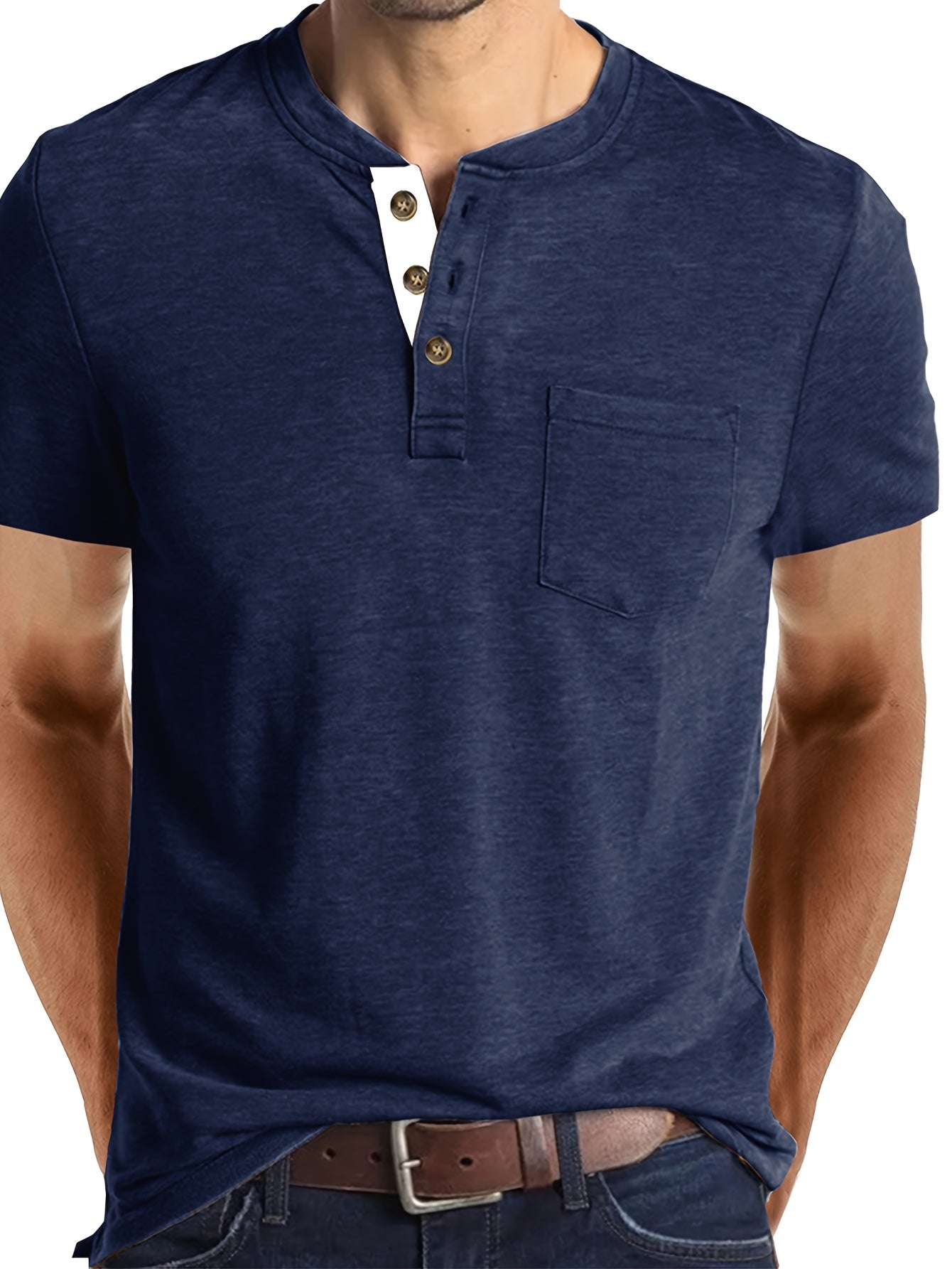 Herr T-shirt med knappslå och bröstficka – Casual stil för vardag och fritid
