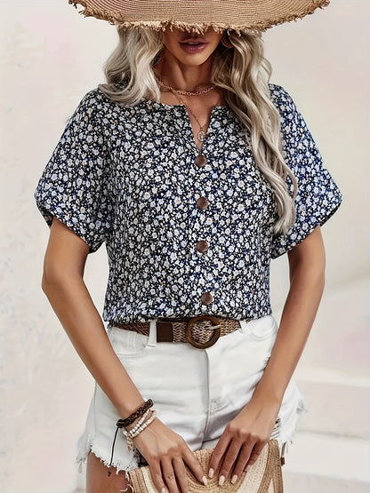 Dam Blommig Kortärmad Skjortblus – Elegant Sommarstil för Vardag och Semester