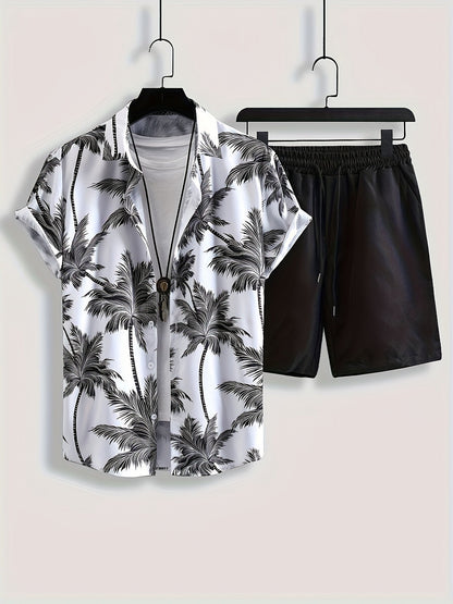 Herrset – Somrig semesterlook med palmtryck, kortärmad skjorta och shorts, avslappnad stil för fritid och strand