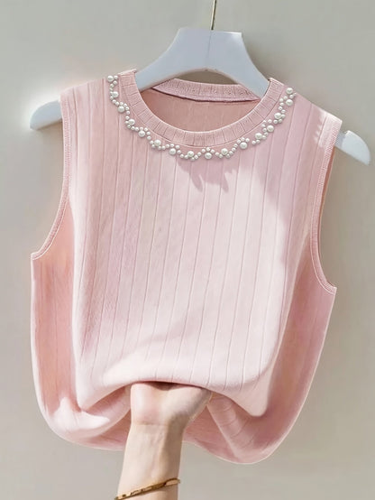Dam Elegant Ribbad Ärmös Topp med Pärldetaljer – Perfekt för Vår och Sommar