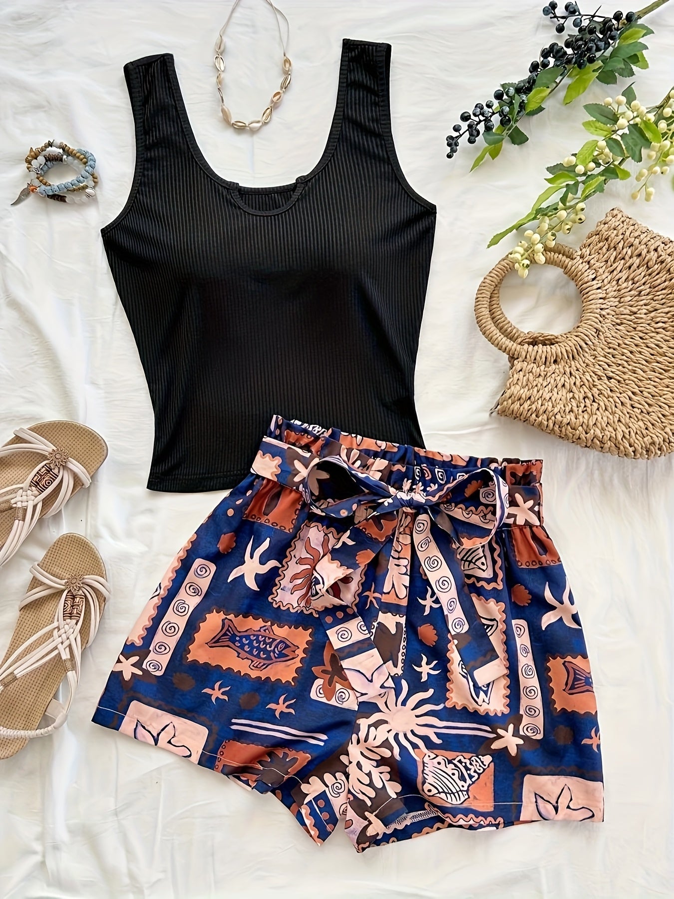 Damset med ribbad linne och tropiska shorts – semesterstil och sommaroutfit