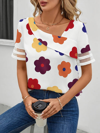 Dam Blus med Asymmetrisk Krage och Retro Blommönster – Elegant Vardagsstil
