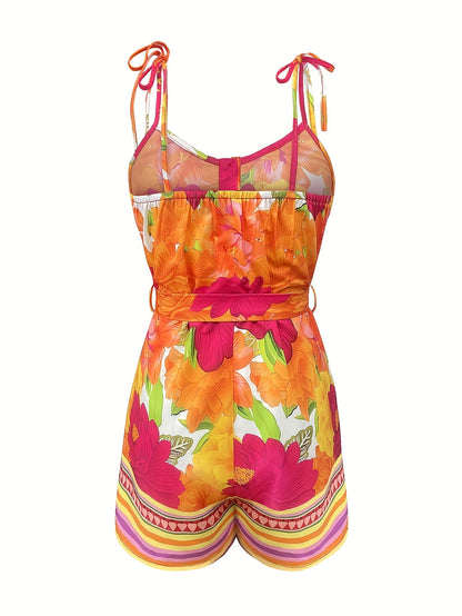 Dam Playsuit Sommar Elegant Med Bälte och Färgglatt Mönster – Perfekt för Semester och Fritid