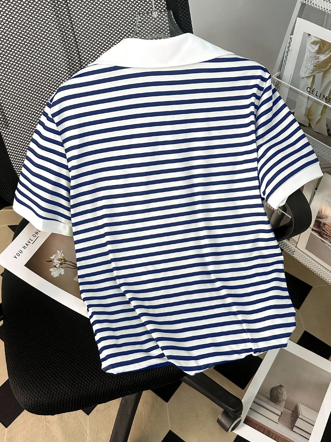 Damers Preppy Randig Pikétröja med Krage – Kortärmad, Vardagsstil, Smart Casual