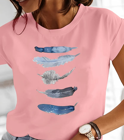 Dam T-shirt med konstnärliga fjädermotiv – avslappnad vardagsstil