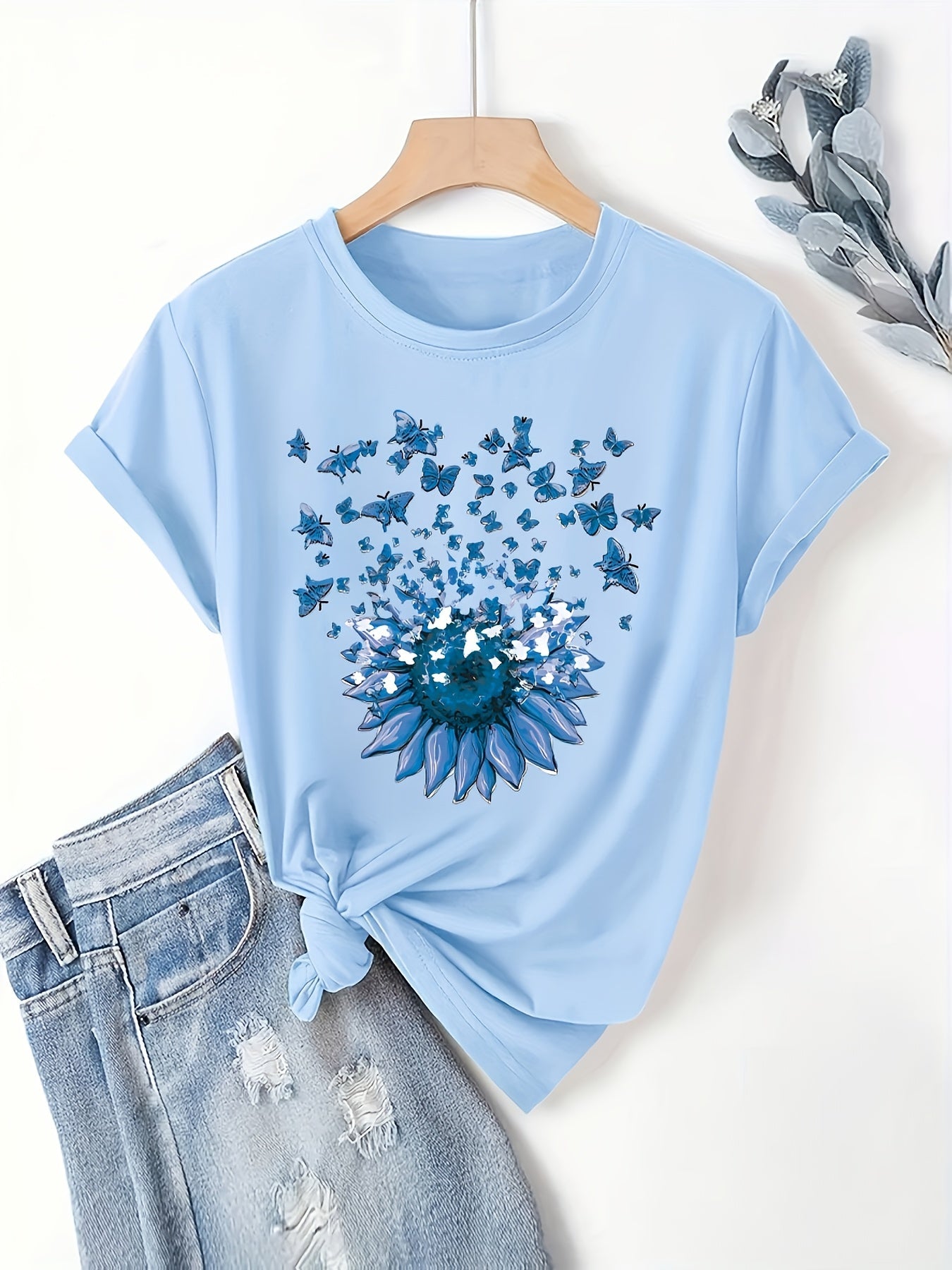 Dam T-shirt med solros och fjärilar, avslappnad stil, vår/sommar