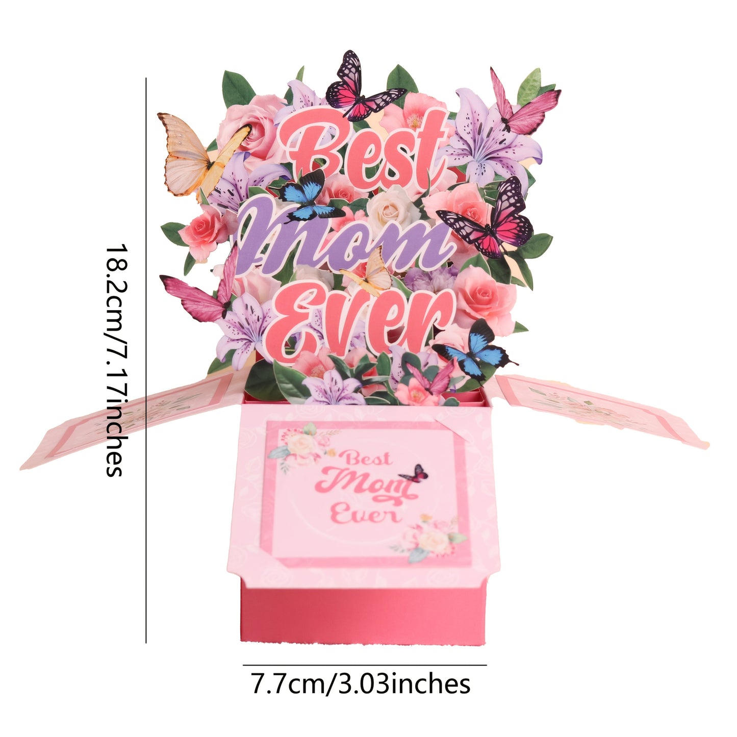 Pop-up kort för kvinnor – Blommande 3D-present till Mors dag med fjärilar och text Best Mom Ever