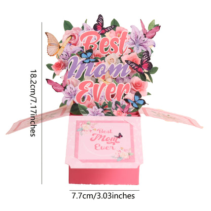 Pop-up kort för kvinnor – Blommande 3D-present till Mors dag med fjärilar och text Best Mom Ever