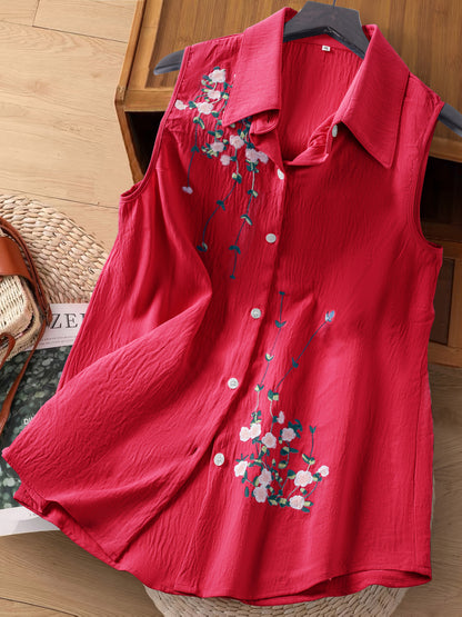 Dam Ärmlös Elegant Blus med Broderade Blommor – Perfekt För Vardag och Kontor