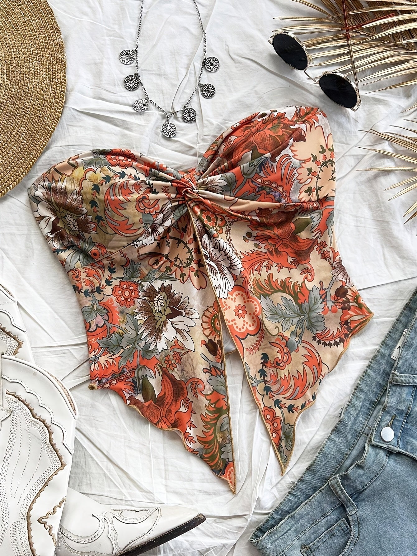 Dam Bandeau Blommig Crop Top Festival Vintage Stil