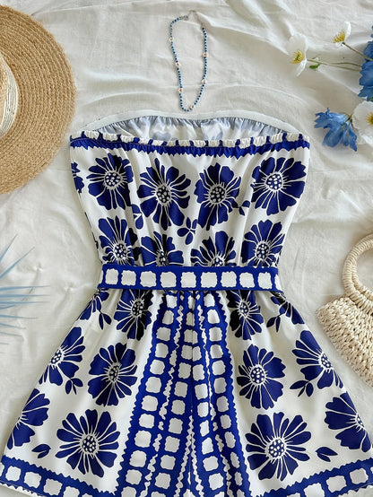 Dam Playsuit Bandeau Romper med Blommigt Mönster och Knytband – Perfekt för Sommar och Semester