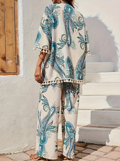 Dam Set – Bohemisk Paisley Mönstrad Kimono & Vida Byxor, Perfekt för Vår och Sommar