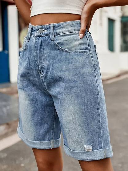 Damers avslappnade cykelshorts i denim med hög midja – sommarstil för vardagsbruk