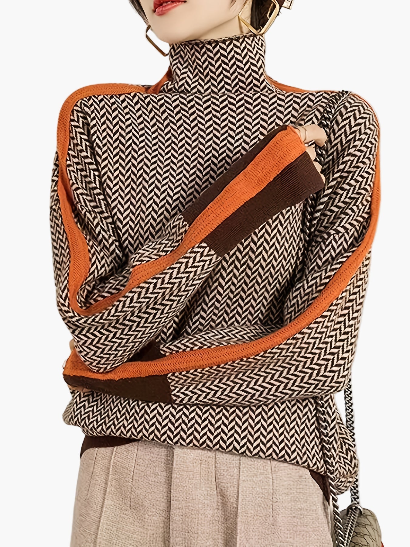 Damstickad elegant höst/vintertröja med hög krage och modern mönsterdesign – vardags- och kontorsstil