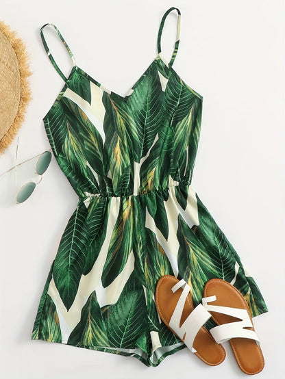 Dam Playsuit Tropisk Bladmönster – Somrig Kort Jumpsuit för Semester och Strand