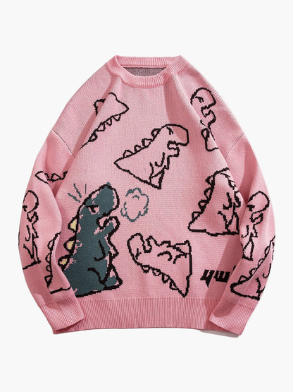 Herrtröja med tecknad dinosauriedesign, avslappnad streetwear för höst och vinter