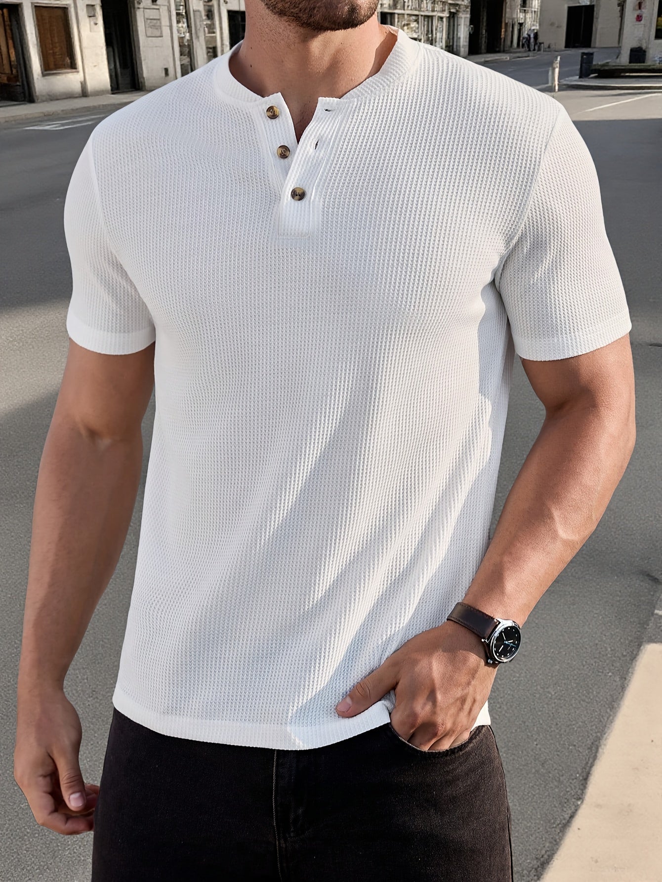 Herrarnas kortärmade Henley tröja – Modern stickad stil för avslappnade tillfällen