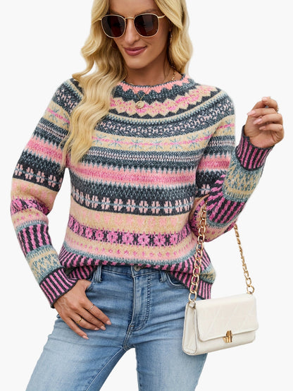 Dam Tröja Elegant Mönstrad Stickad Pullover för Höst och Vinter