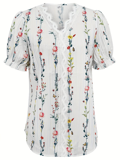 Dam Blus Elegant Somrig V-ringad Blommig Kortärmad Weekend Casual
