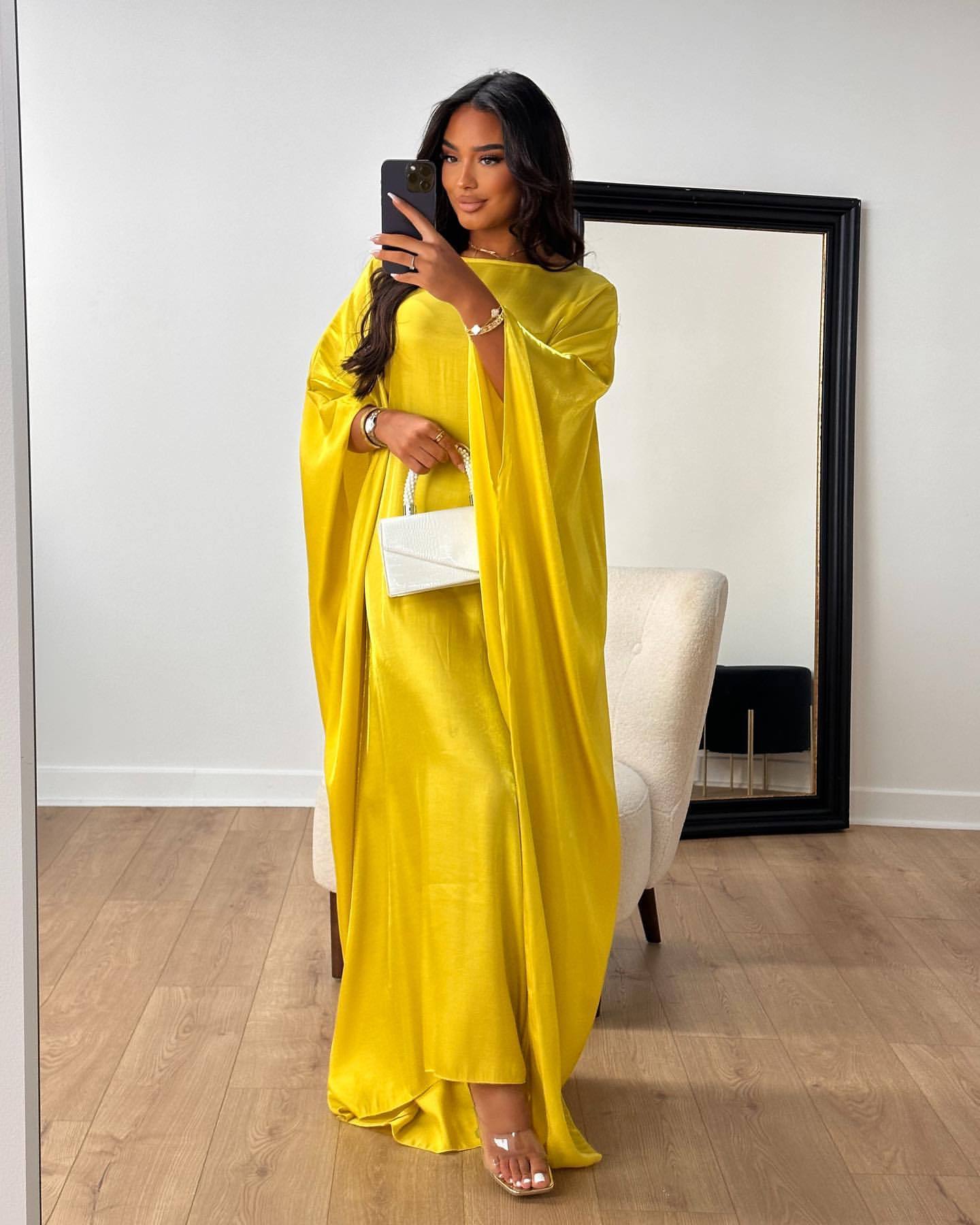 Dam Kaftan Festklänning Elegant Långärmad Lös Passform