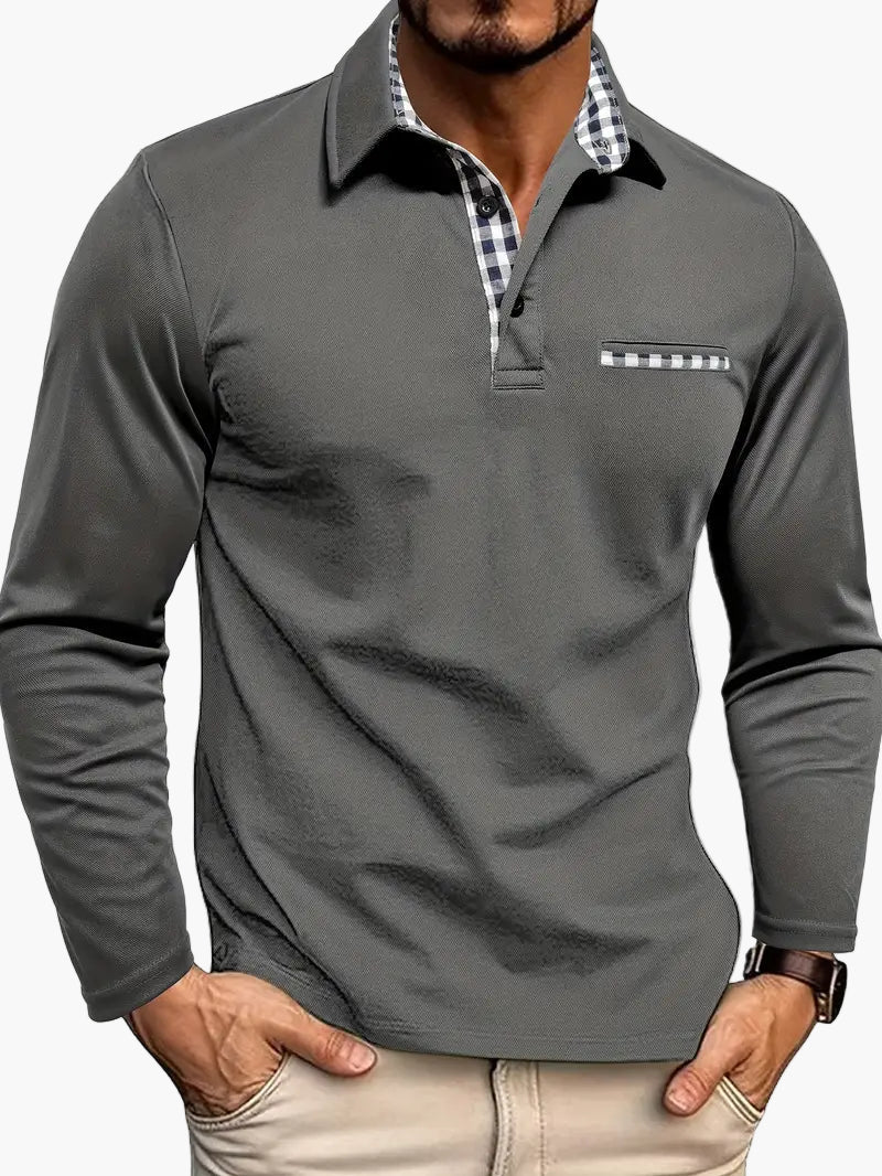 Herr Pikétröja med Långa Ärmar och Rutiga Detaljer – Modern Slim Fit för Alla Tillfällen