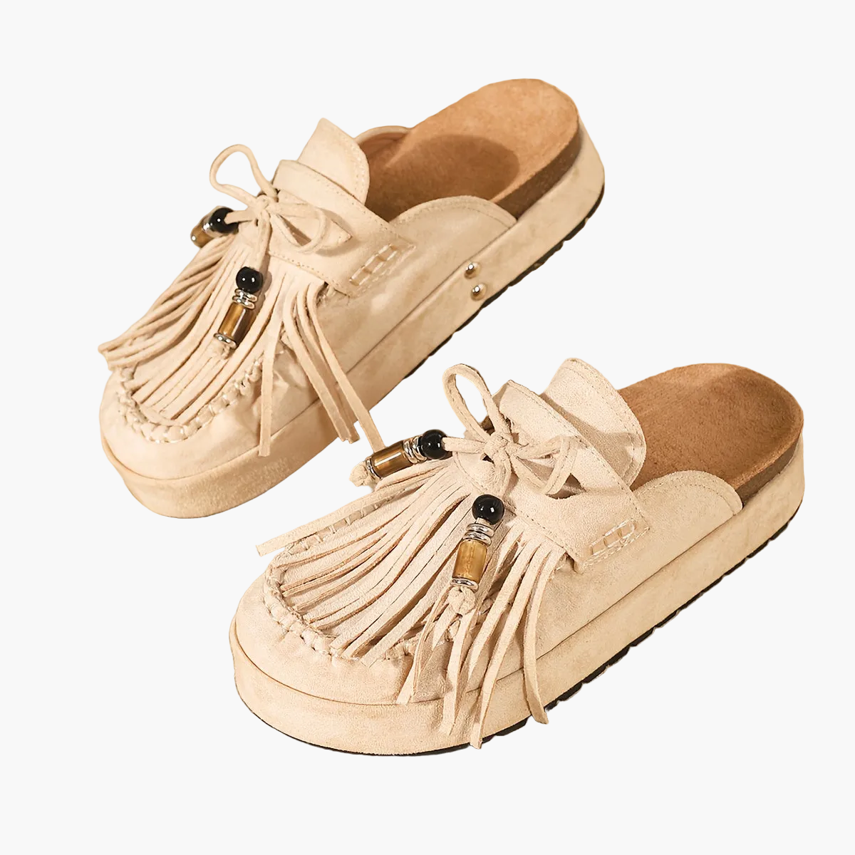 Damtofflor med fransar och pärldetaljer – Vintage stil för sommar och fritid