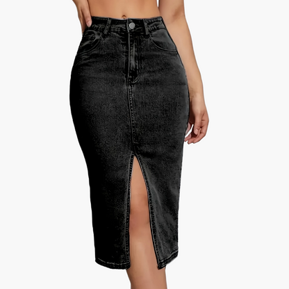 Dam Kjol Midi Slits Casual Denim Look Perfekt för Vardag och Sommar