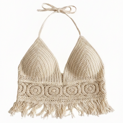 Dam Halterneck Virkad Boho Sommarlinne med Fransar – Festival & Strandmode
