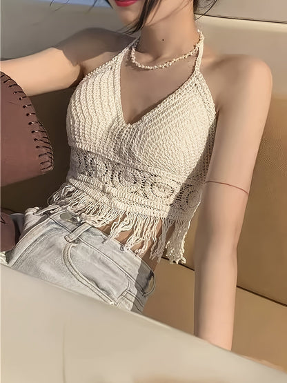 Dam Halterneck Virkad Boho Sommarlinne med Fransar – Festival & Strandmode