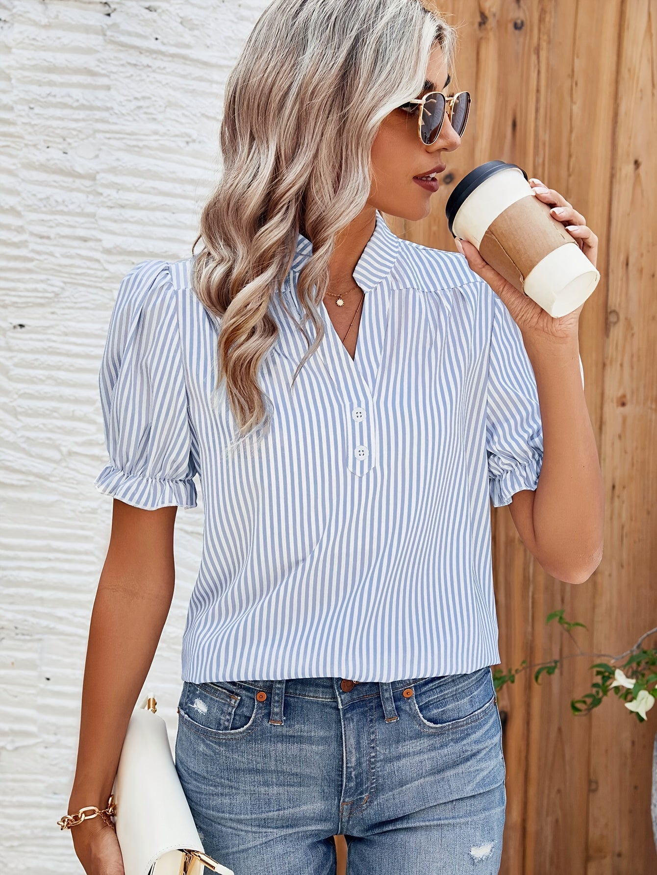Dam Blus Randig Vardag Elegant Puffärm Vår/Sommar
