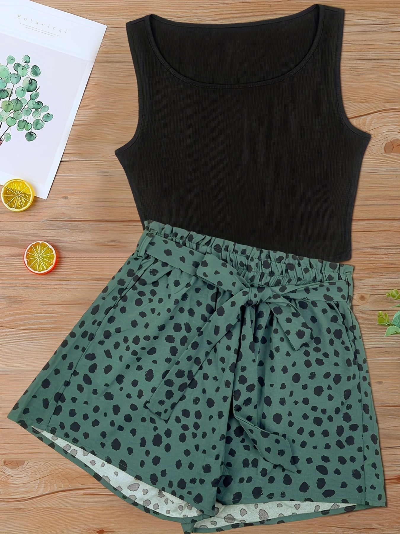 Dam Shorts Set med Prickigt Mönster och Elegant Linne – Perfekt för Vår och Sommar