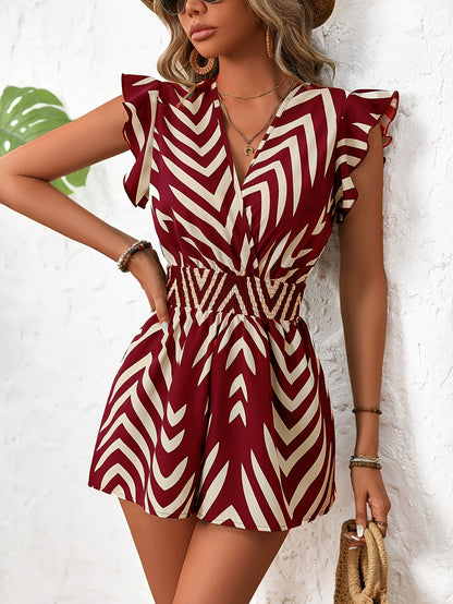 Dam Elegant Sommar Playsuit med Volangärmar och V-ringning – Perfekt för Semester och Fritid