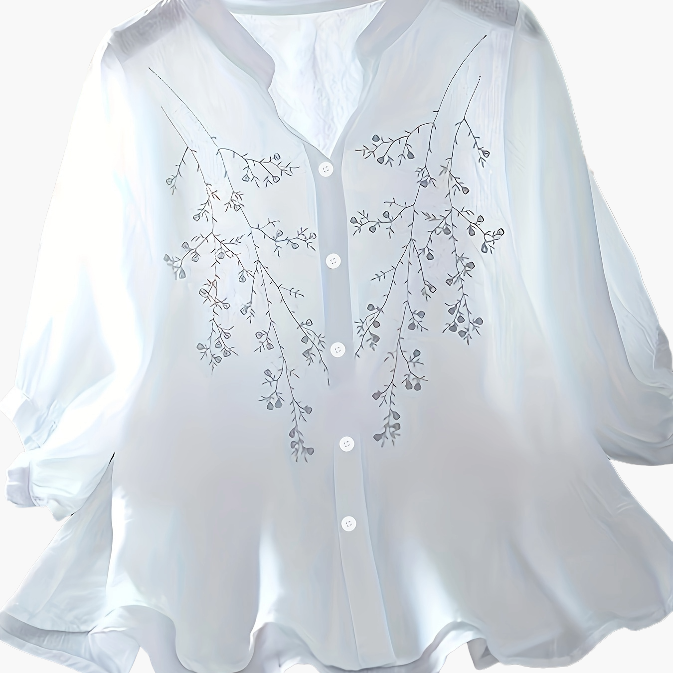 Dam Elegant Blus med Broderade Blommor och Ståkrage – Perfekt för Sommar och Arbete