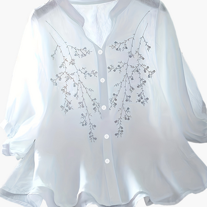 Dam Elegant Blus med Broderade Blommor och Ståkrage – Perfekt för Sommar och Arbete