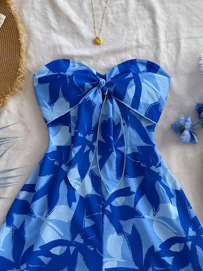 Dam Playsuit Strandstil med Axelbandslös Söt Hjärtringning och Blommigt Mönster