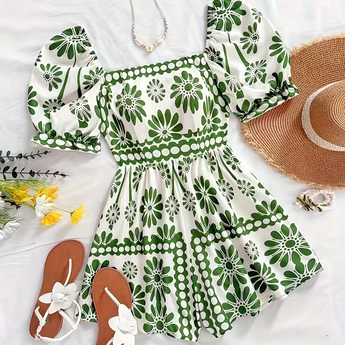 Dam Playsuit med Puffärmar och Vintage Blommönster – Perfekt för Sommar och Trädgårdsfest