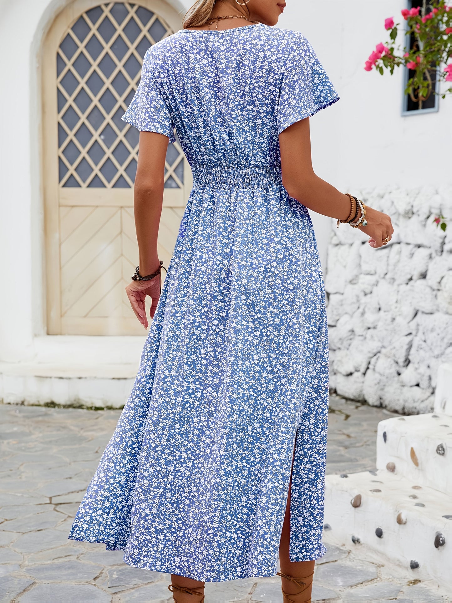 Damklänning Elegant V-ringad Blommig Sommarklänning med Kort Ärm och Slits