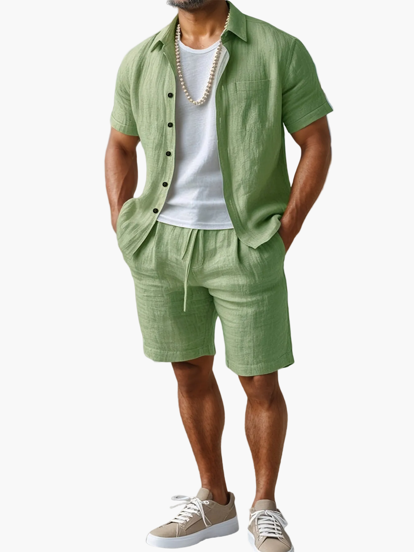 Herrset med kortärmad skjorta och shorts för strand och sommar – Boho-stil