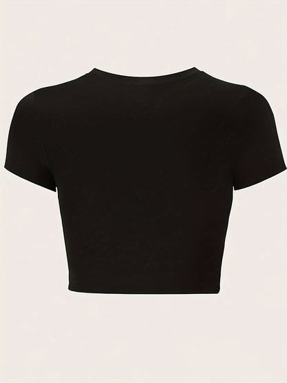 Women's Trendig Croppad T-shirt med Tryck och Söt Rosett – Perfekt för Avslappnade Tillfällen