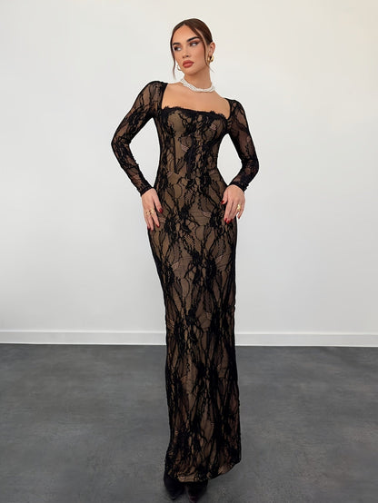 Dam Klänning Elegant Bodycon Långarmad Festklänning med Spetsdetaljer