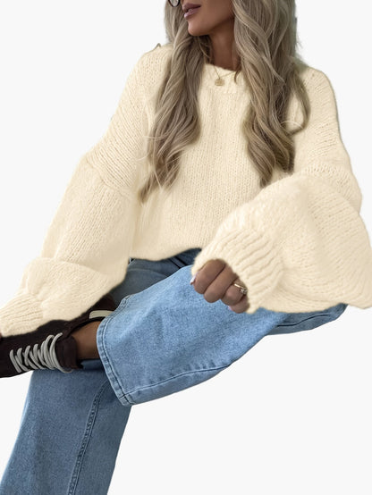 Damstickad oversized tröja med ballongärmar för höst och vinter, avslappnad stil