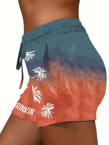 Women's semester lounge shorts med palmtryck och text DAY DRINKIN' - perfekta för sommar och fritid