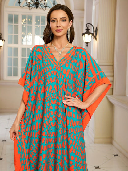 Dam Kaftan Boho Långklänning med V-ringning och Lös Passform – Perfekt för Semester eller Strand